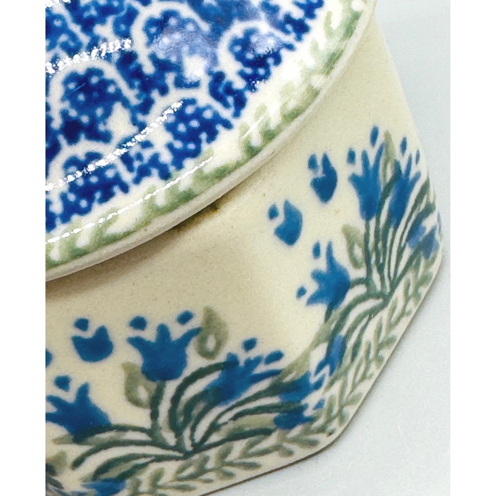 Polish Pottery Mini Pretzel Trinket Box Blue Tulips Octagon Ceramika Artystyczna - Picture 4 of 11